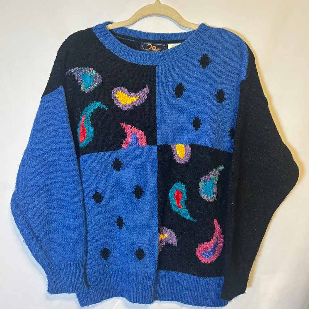 Vintage 90s Colorblock Sweater Abstract Knit Blue & Black Drop Shoulder Large